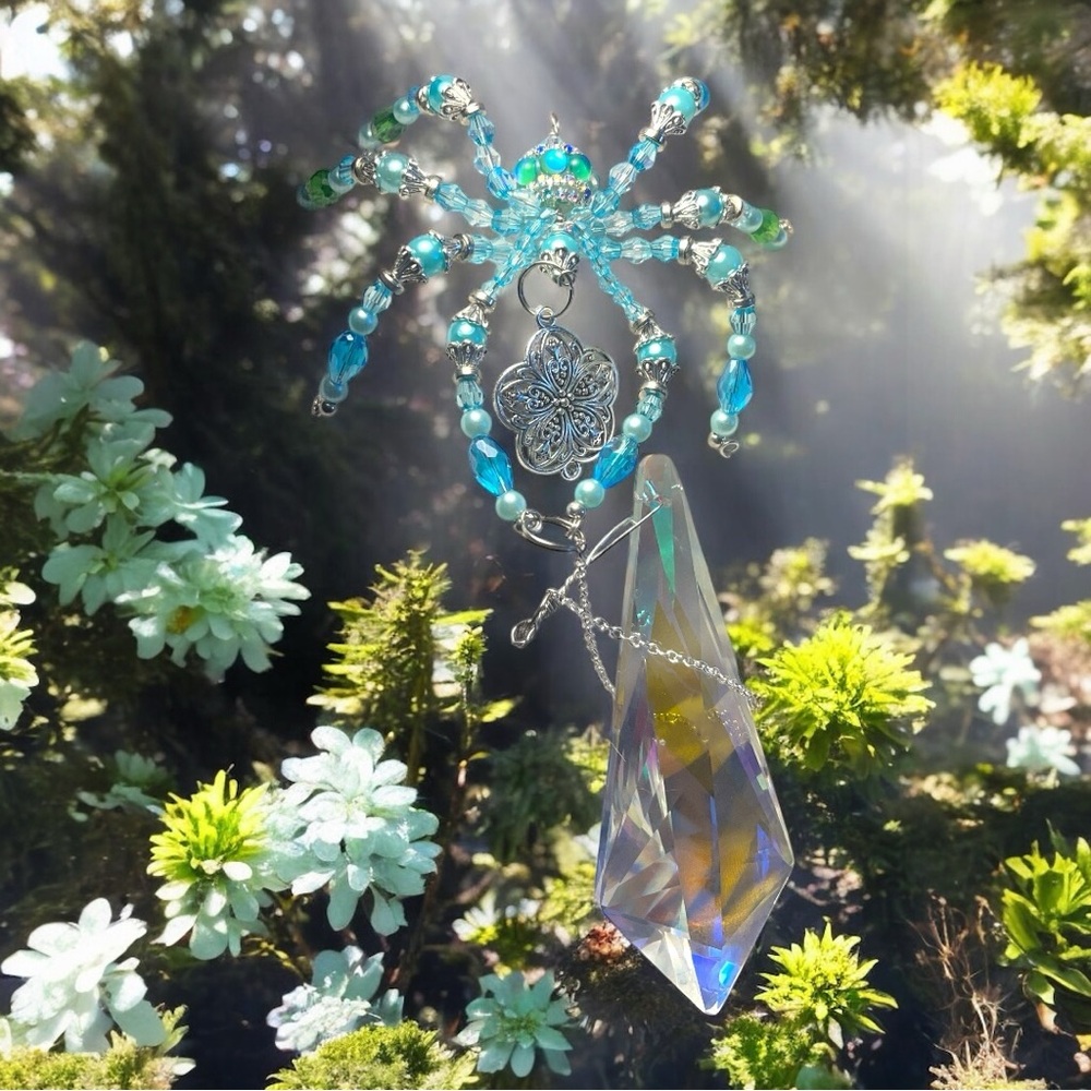 Aqua crystal and pearl Beaded Spider with Crystal Suncatcher